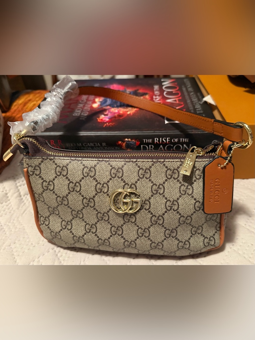 Beige Canvas  Small Handbag with Tan Strap and Gold Hardware